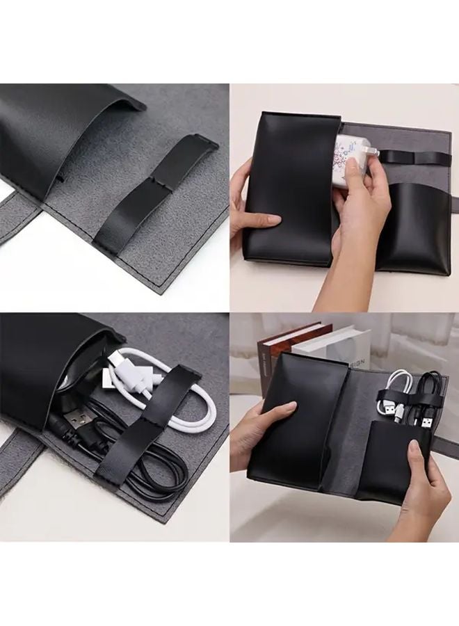 Black Faux Leather Travel Electronic Organizer Bag For Chargers Cables Headphones Power Bank - Image 5